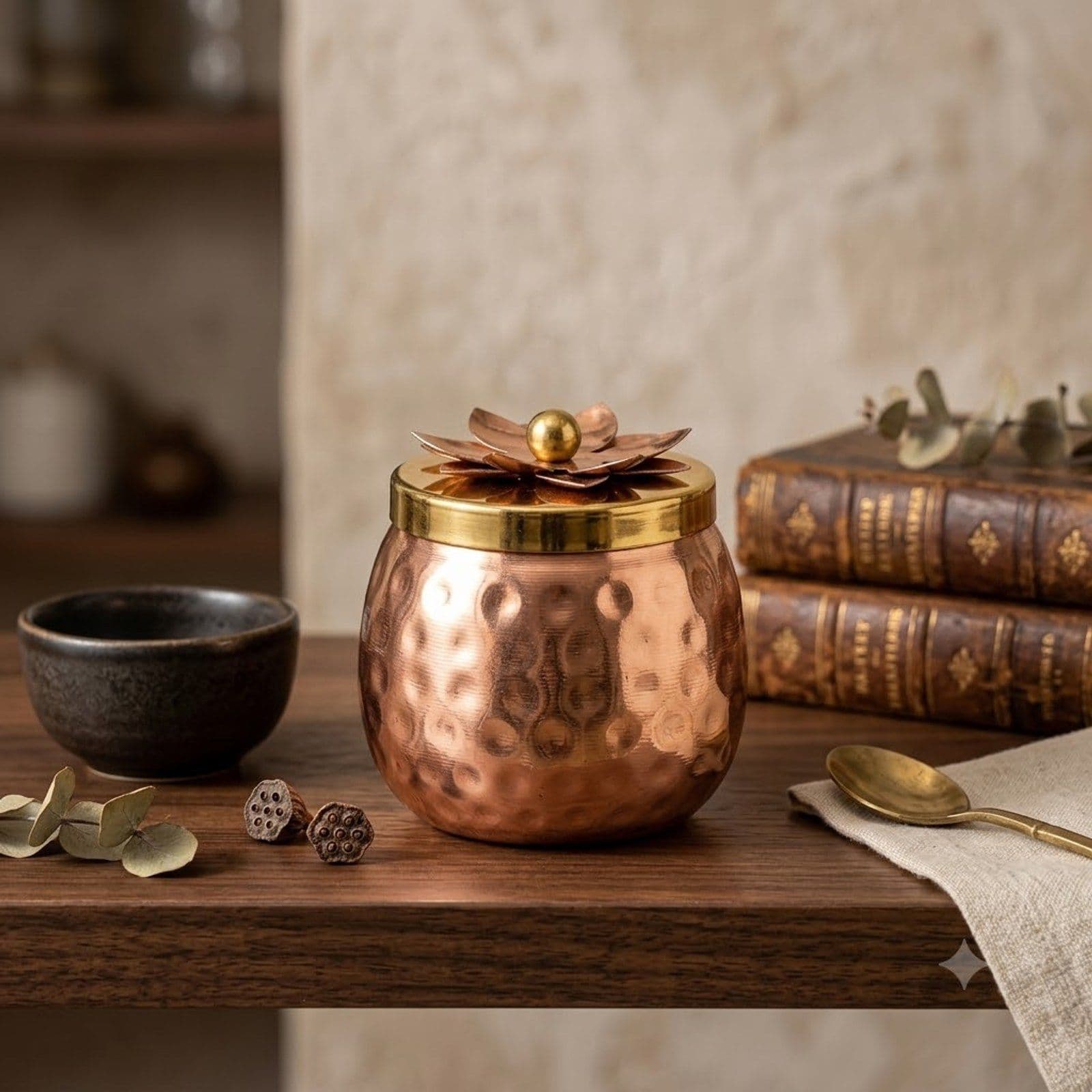 Copper Plated Hammered Floral Storage Jar
