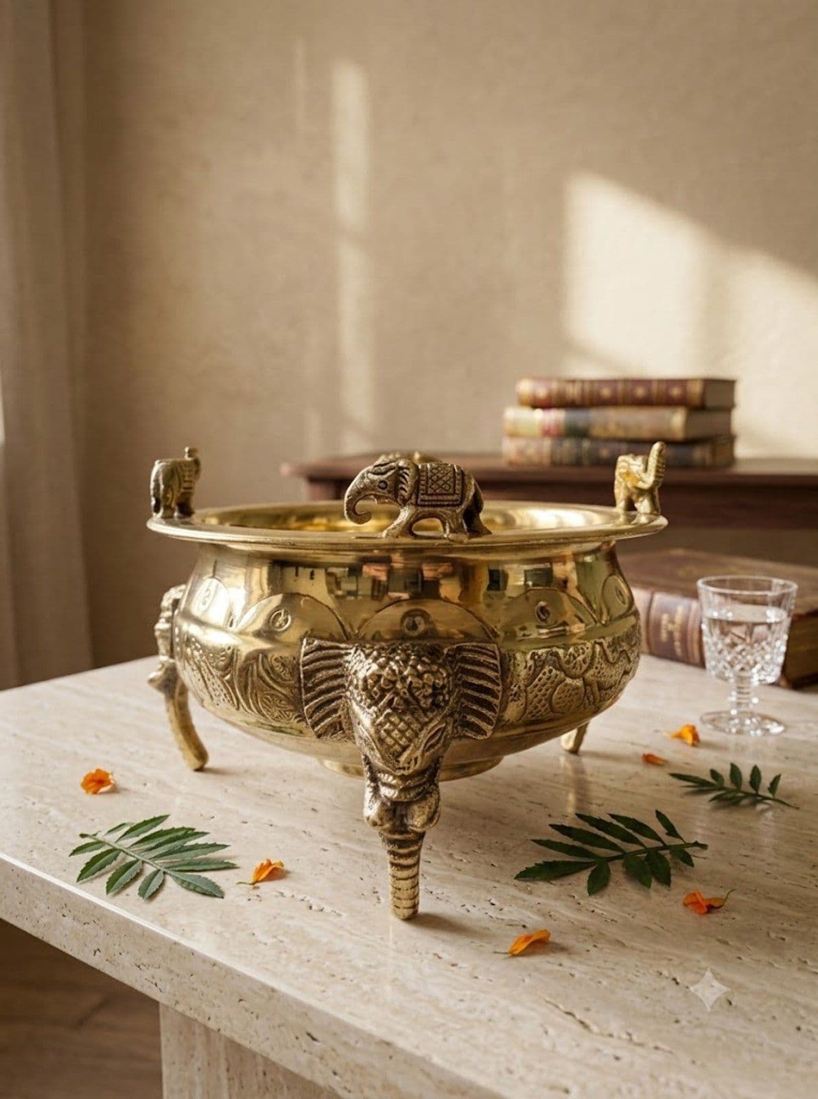 Brass Urli: Elephant/Peacock Design, elephant motif