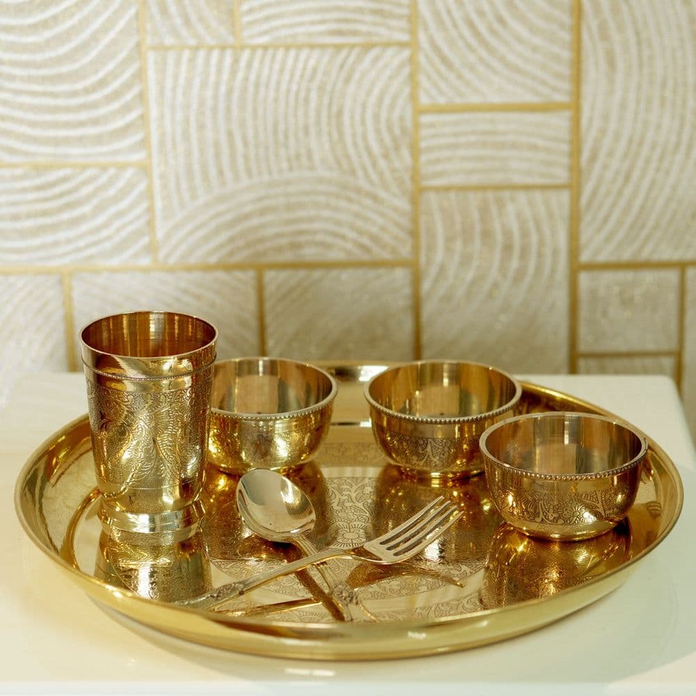 Brass Etched Gifting Dinner Set, full set on tray
