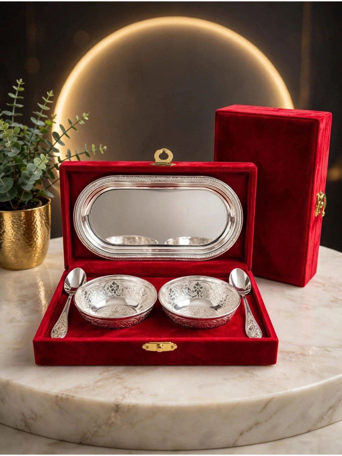 Silver Embossed Bowl, Spoon & Tray Gift Set