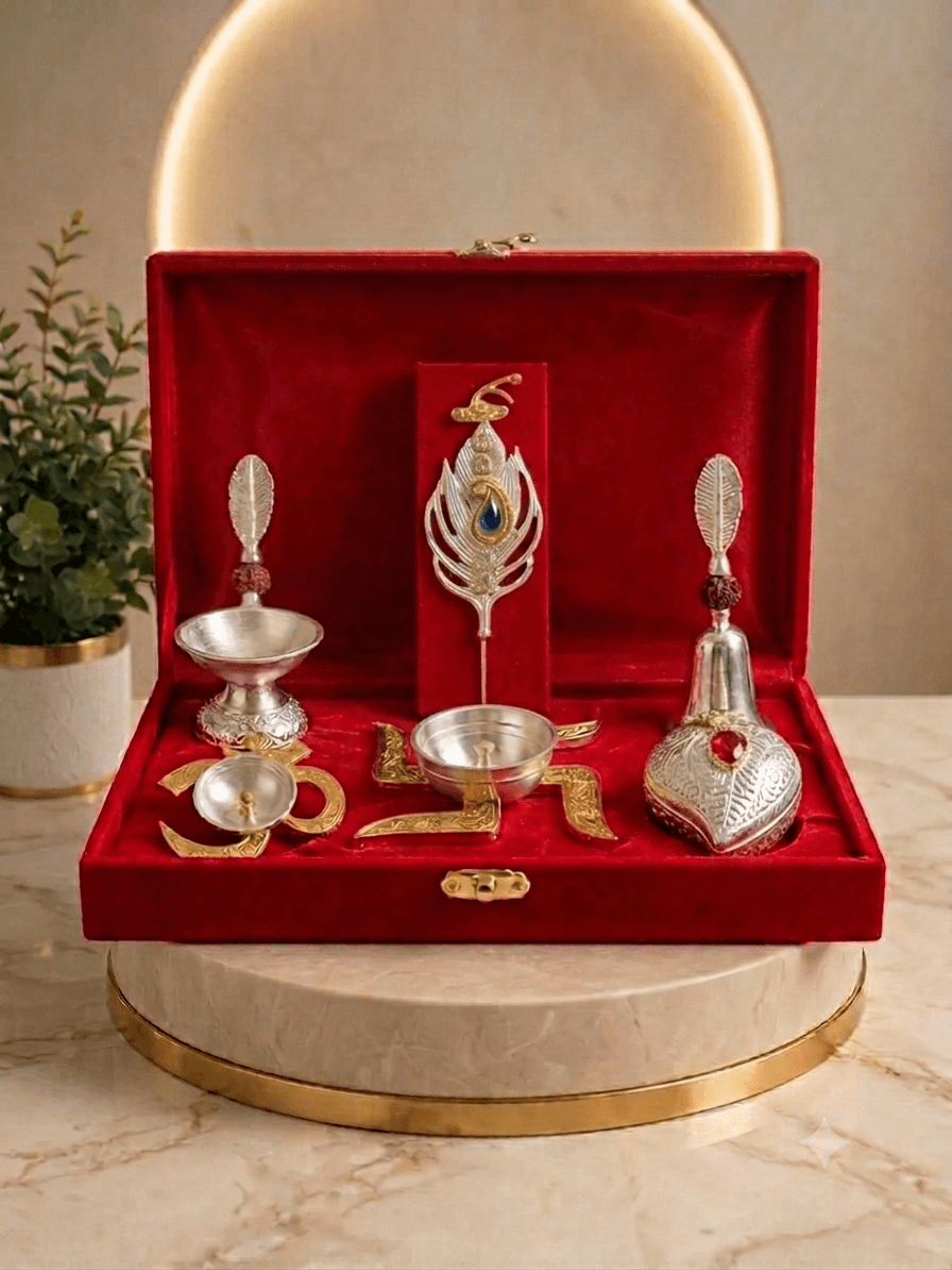 German Silver Combo Pooja Set, open in velvet box