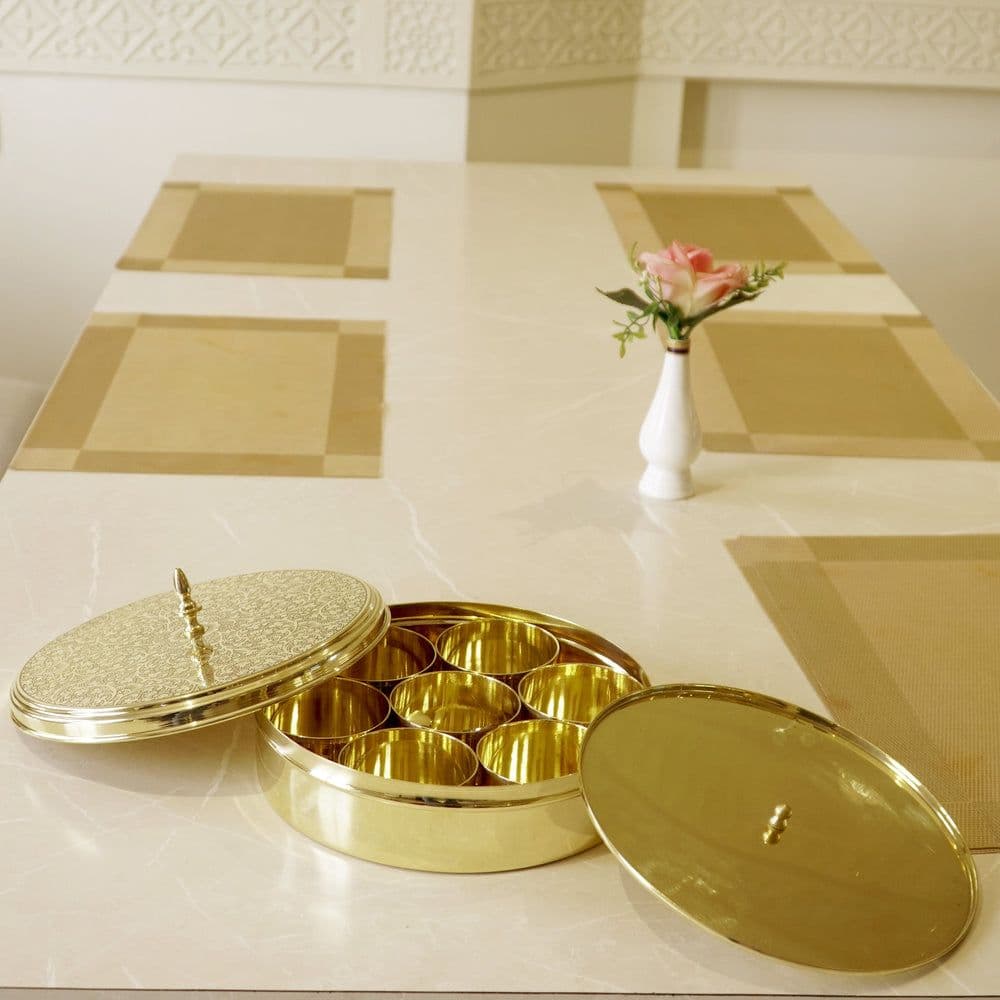 Brass Etched Spice/Masala Box, open on dining table