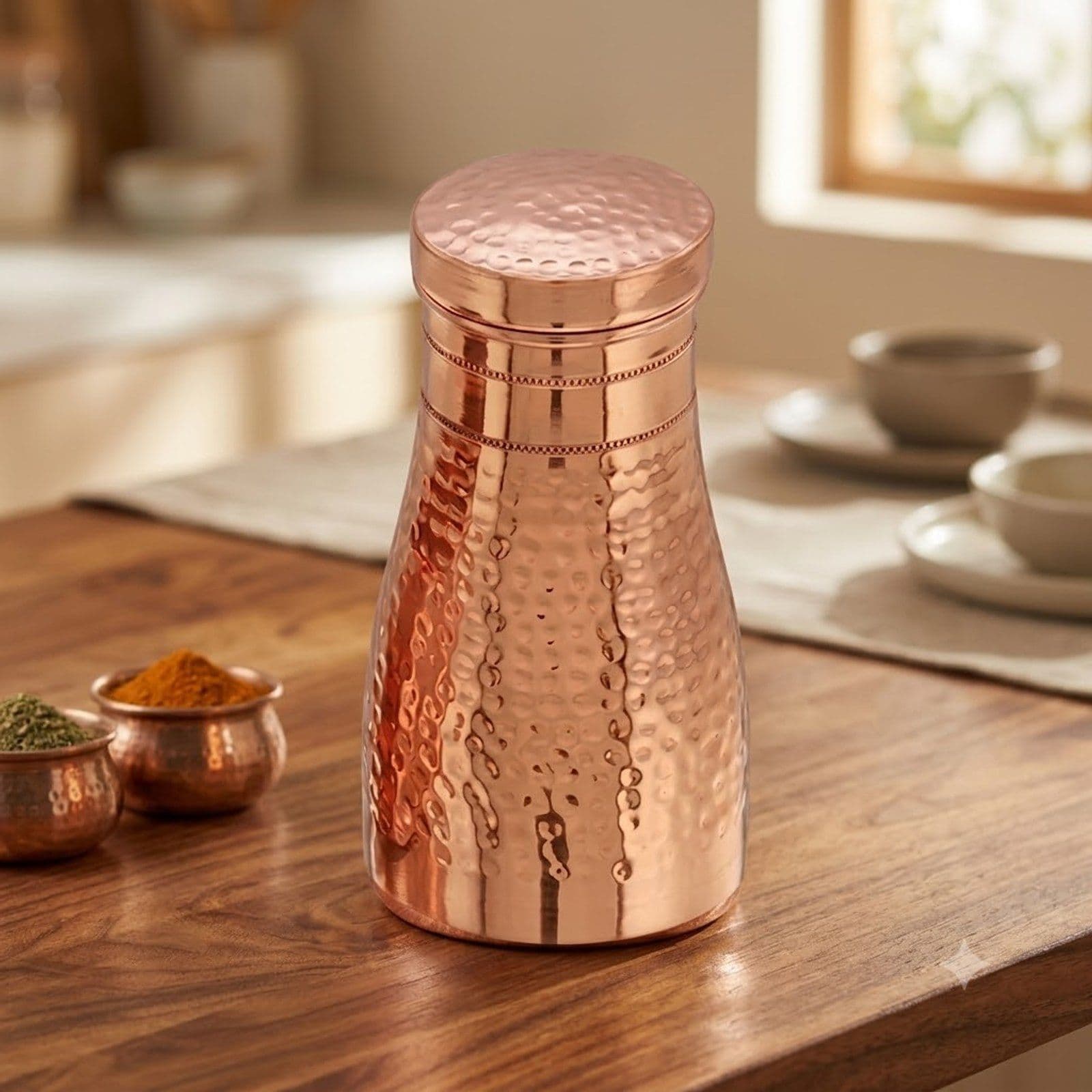 Hammered Copper Water Beside Jar