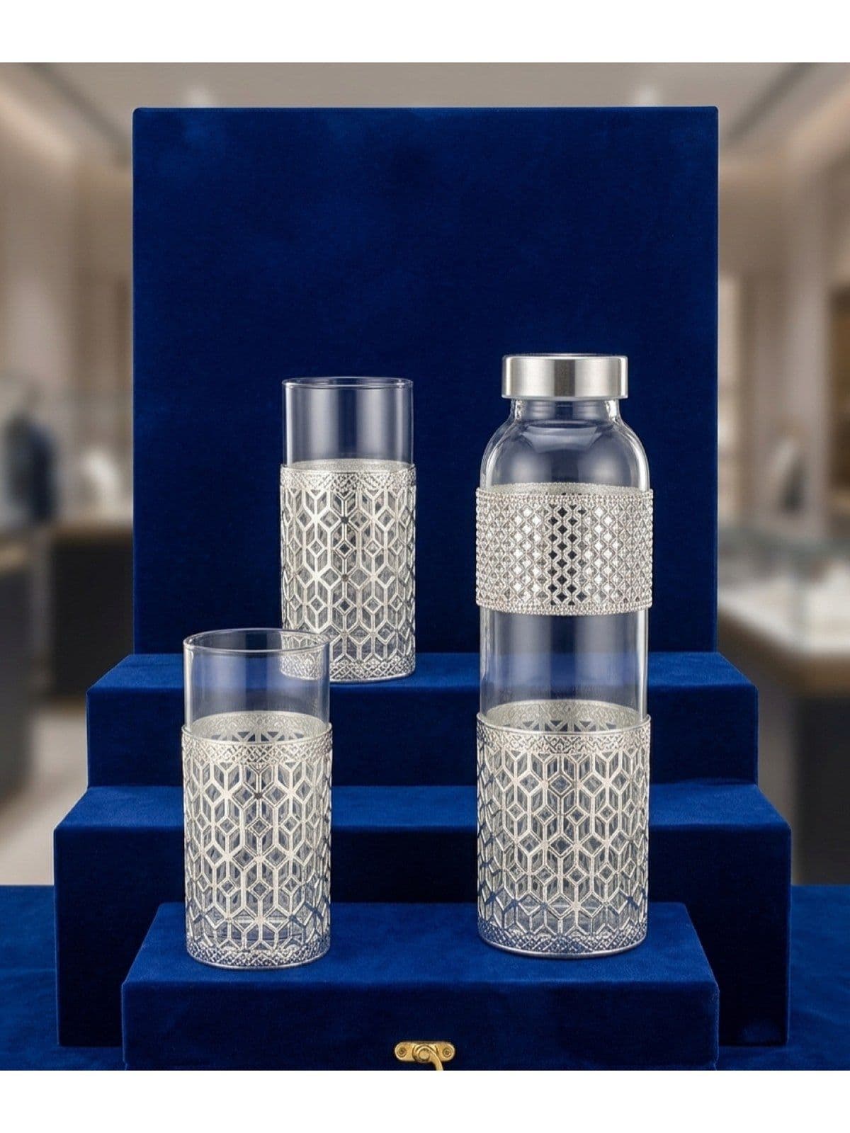Bottle Glass Drink Set, German silver-toned filigree bottle and glasses