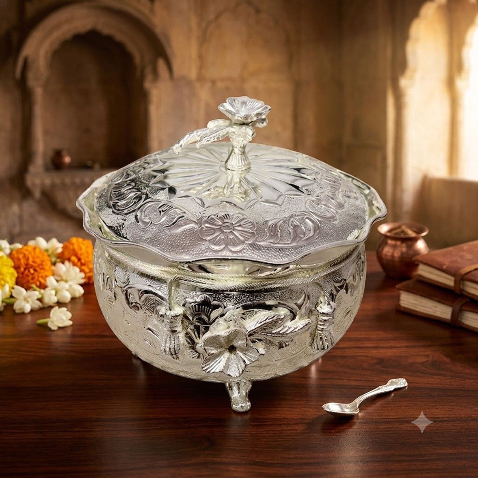 German Silver Floral Footed Serving Bowl